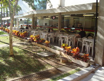 Cantina do Instituto Mauá de Tecnologia com mesas e cadeiras brancas, plantas coloridas e pessoas sentadas.