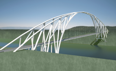 Projeto 3D de ponte em arco branca com cabos suspensos sobre um rio, com encostas verdes ao fundo.