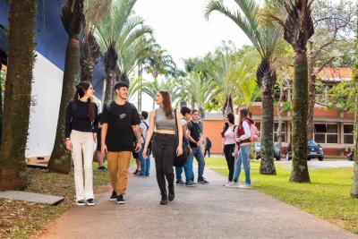 Estudantes caminham em um campus arborizado com palmeiras e edifícios ao fundo.