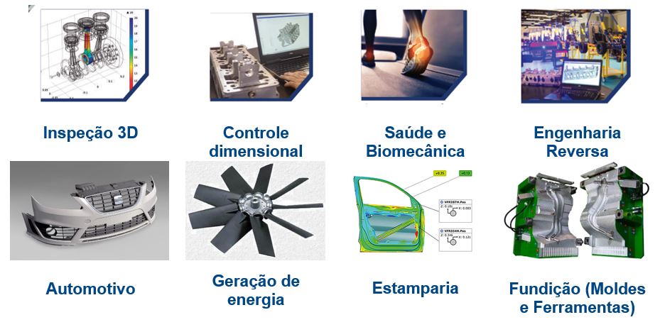 Ilustrações de engenharia: inspeção 3D, controle dimensional, saúde e biomecânica, engenharia reversa, automotivo, geração de energia, estamparia, fundição.
