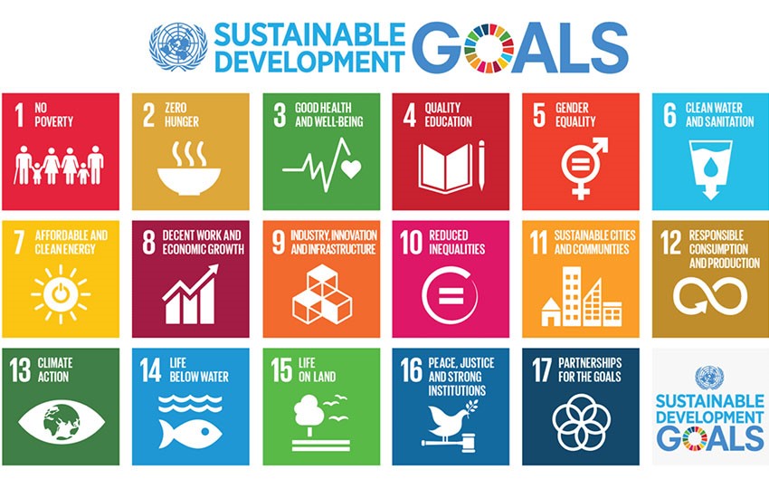 Logotipo e 17 ícones dos Objetivos de Desenvolvimento Sustentável da ONU.